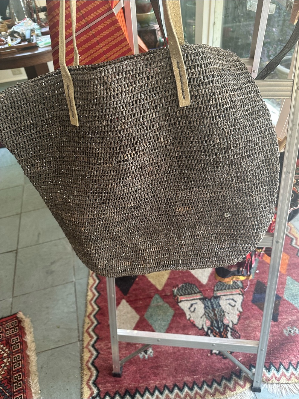 Woven Brown Tote with Tan Shoulder Straps
